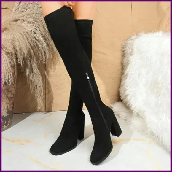 Women's Knee High Boots Chunky Heel Side Zipper Stylish Comfy